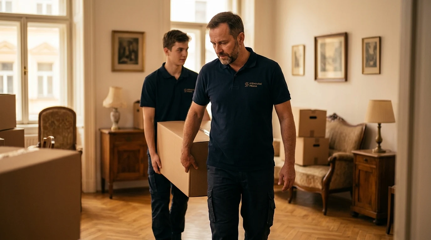 Profesionální tým vyklízení pozůstalostí v Praze opatrně odnáší krabice a nábytek ze starého pražského bytu
